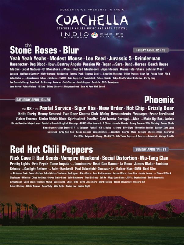 Blur, The Stones Roses, Phoenix, New Order, Red Hot Chil Peppers, Postal Service Lead Coachella Lineup